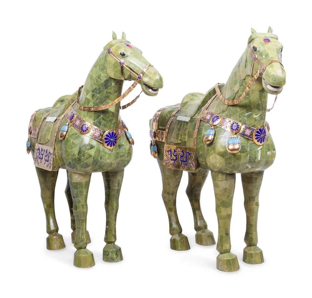 Appraisal: A Pair of Chinese Export Hardstone Veneered Tang Style Horses