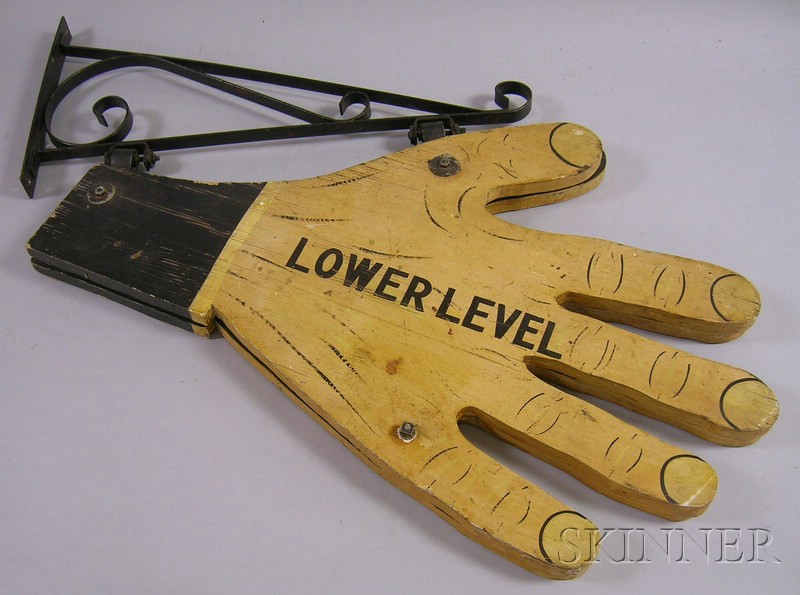 Appraisal: Painted Double-sided Wooden Hands-shaped Lower Level Sign with iron wall