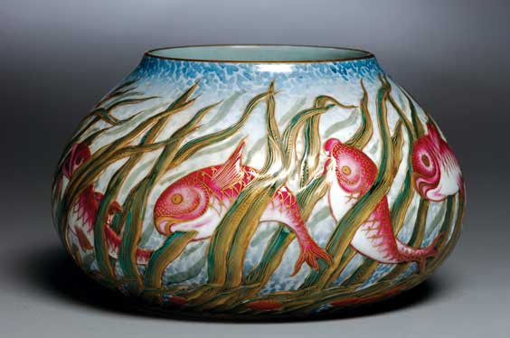 Appraisal: CHINESE PORCELAIN FISH JAR Chinese glazed porcelain jar of wide