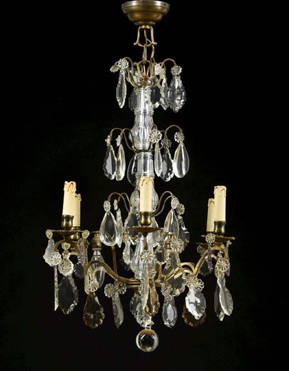 Appraisal: Small Louis XVI-Style Antiqued Brass and Cut Glass Six-Light Chandelier