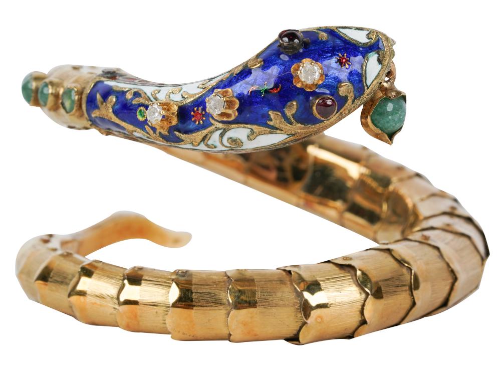 Appraisal: KARAT YELLOW GOLD ENAMEL MULTI-GEM SNAKE BRACELETcontaining six round cabochon