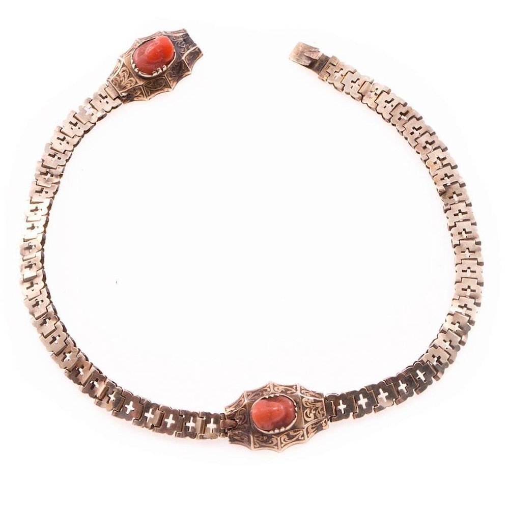 Appraisal: Antique coral cameo and k gold bracelet composed of two