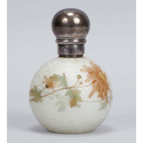 Appraisal: English cased satin glass scent bottle with enameled floral decoration