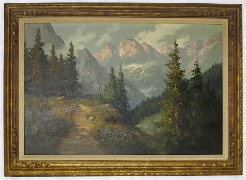 Appraisal: J H THOMAS OIL ON CANVAS German born Alpine landscape