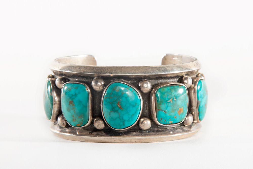 Appraisal: A Navajo Five Stone Turquoise and Silver Cuff ca Navajo