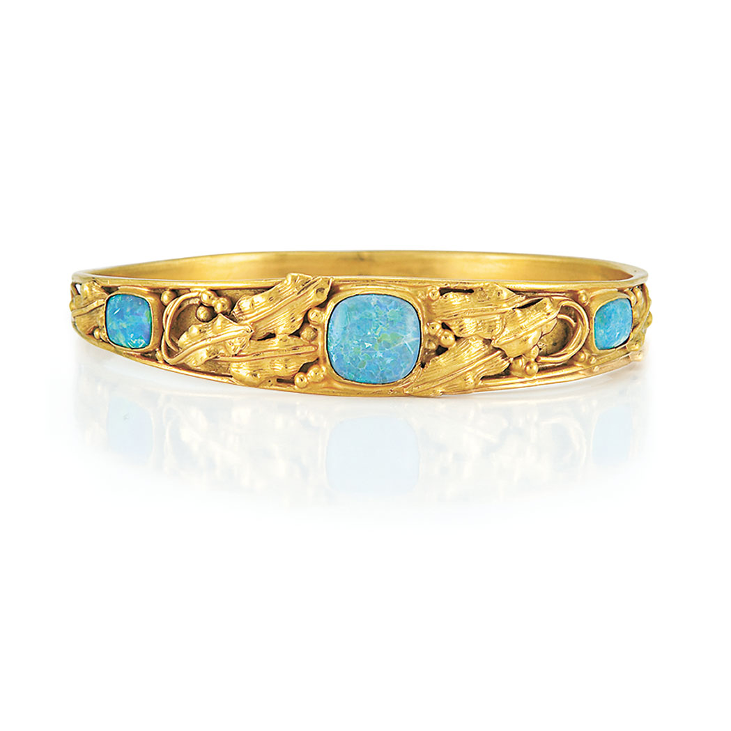 Appraisal: Art Nouveau Gold and Opal Bangle Bracelet The tapered gold