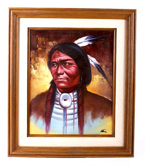 Appraisal: Original Crow Indian Warrior Oil Painting Klein This is an