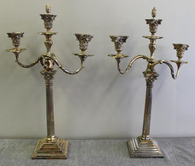 Appraisal: SILVERPLATE Pair of Antique English Candelabra Makers mark of Richard