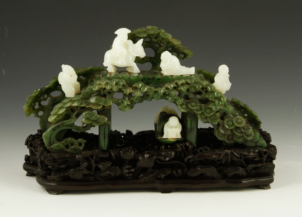 Appraisal: - Chinese Carved Spinach Green Jade Bridge Spinach green jade