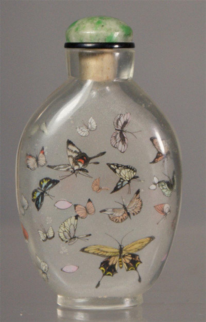 Appraisal: inside painted glass purse form snuff bottle butterfly pattern jade