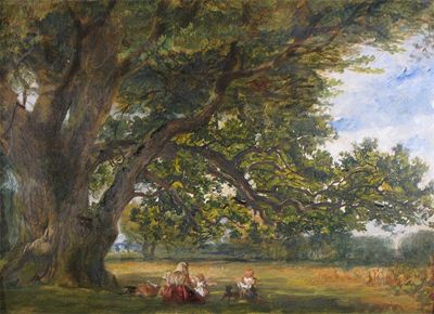 Appraisal: William Collins - Figures under our oak tree Signed and