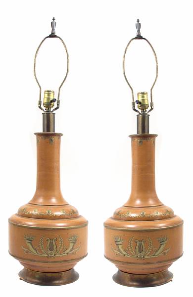 Appraisal: A pair of gilt heightened toleware lamps height in diameter