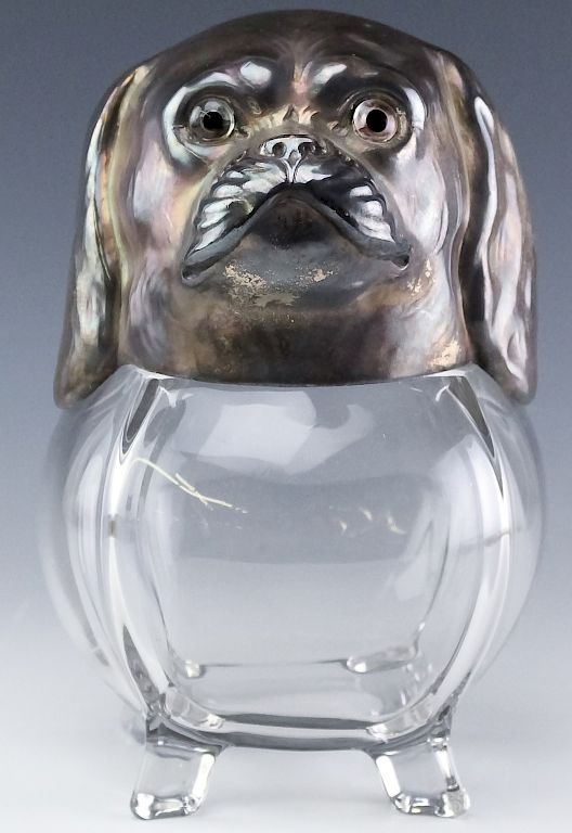 Appraisal: Austrian Glass Silver Plate Dog Form Biscuit Jar Rare antique