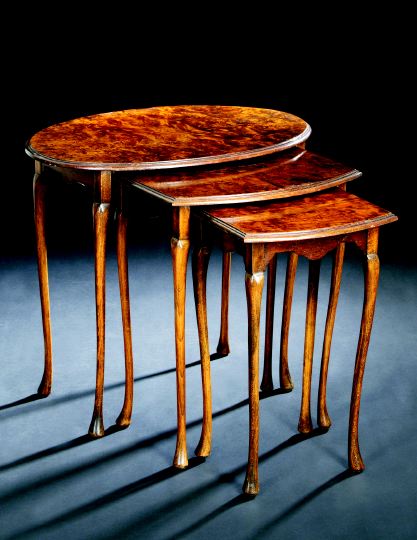 Appraisal: Suite of Three Queen Anne-Style Burlwood Nesting Tables the top