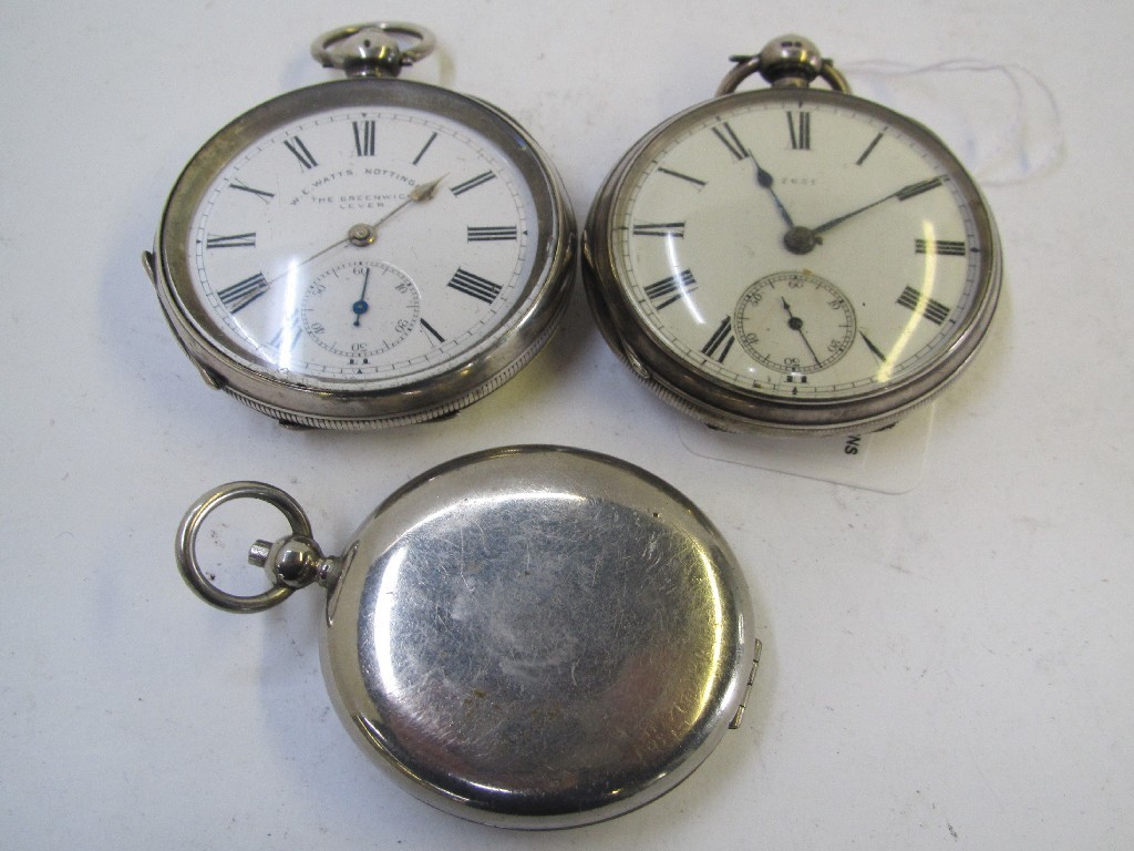 Appraisal: A lot comprising two silver pocket watches and a metal