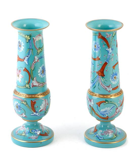 Appraisal: A pair of French enamel decorated opaline vases height in