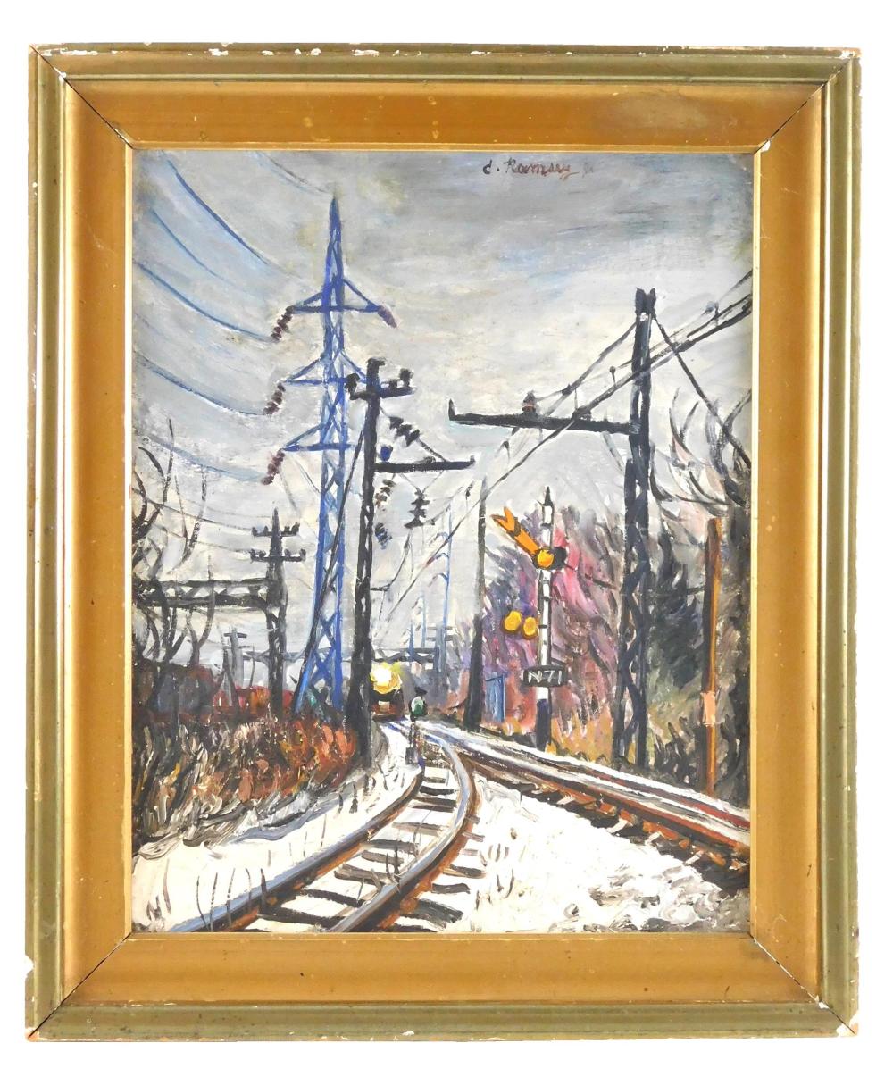 Appraisal: th C oil on canvas board depicts a train yard