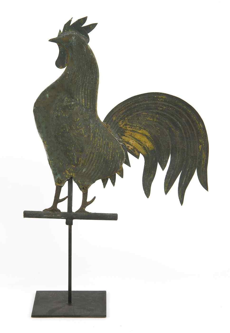 Appraisal: COPPER ROOSTER-FORM WEATHER VANE th CenturyWith green patina Iron feet