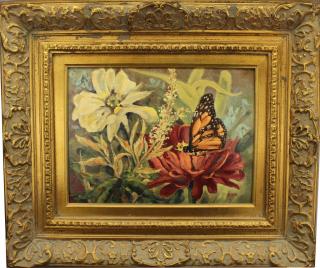 Appraisal: Signed th C Oil Board Painting of Butterfly perched on