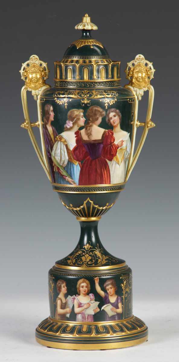 Appraisal: Royal Vienna Covered Urn Hand painted woman stylized Egyptian handles