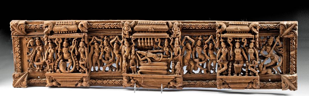 Appraisal: th C Indian Wood Devotional Panel w Vishnu Shesha South