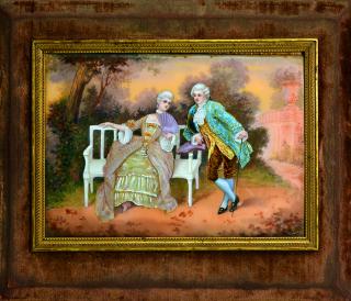 Appraisal: French Limoges enamel plaque of romantic couple signed Lory woman