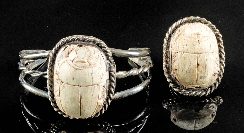 Appraisal: Egyptian Stone Scarabs in Silver Bracelet Ring Ancient Egypt New