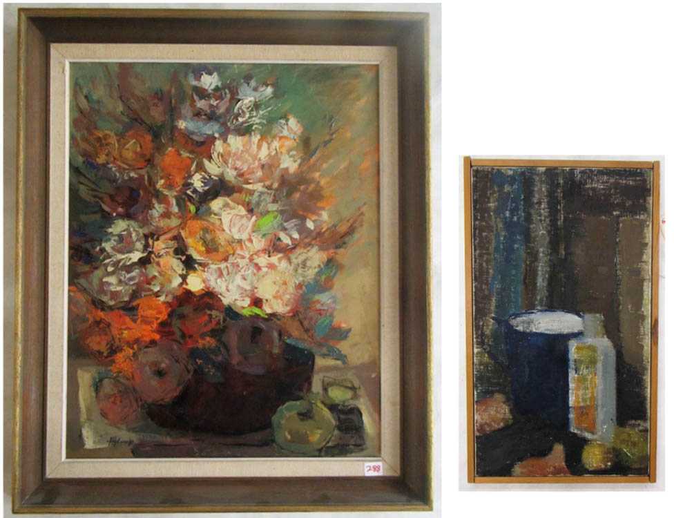 Appraisal: TWO STILL-LIFE PAINTINGS oil on board by A Holowenko floral