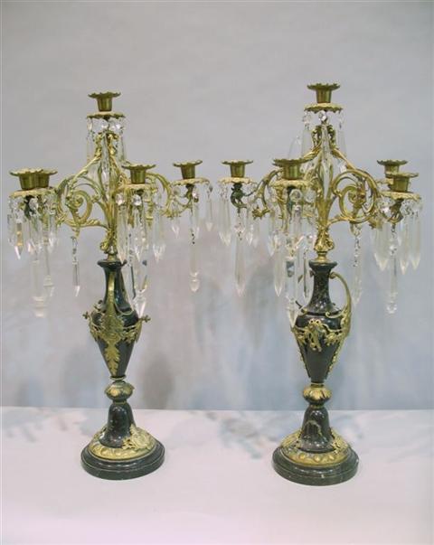 Appraisal: PAIR OF SIX-LIGHT GILT-BRONZE MARBLE AND CRYSTAL CANDELABRA The gilt-trimmed