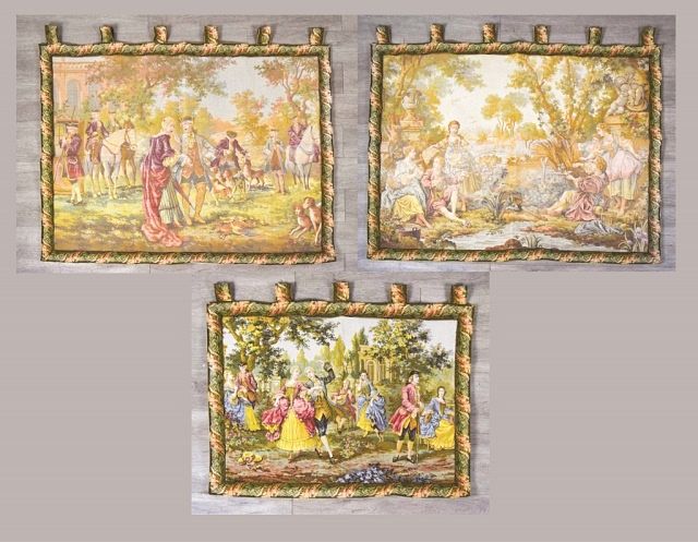 Appraisal: Needlepoint Panels Hunt scene and fishing scene each x couples