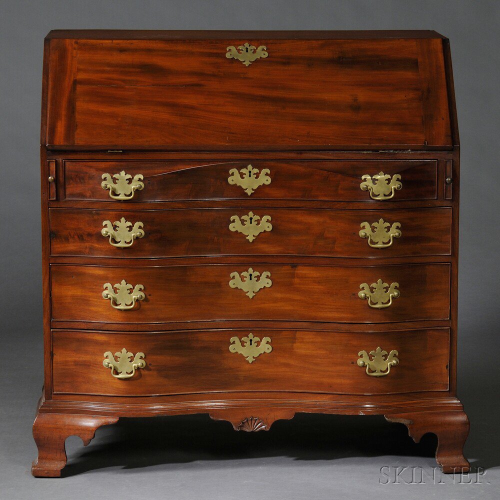 Appraisal: Chippendale Mahogany Oxbow Serpentine Slant-lid Desk possibly North Shore of