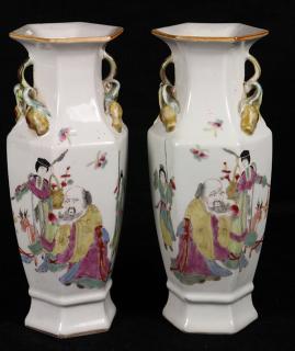 Appraisal: Pair of Chinese Hexagonal Porcelain Vases lot of Chinese enameled