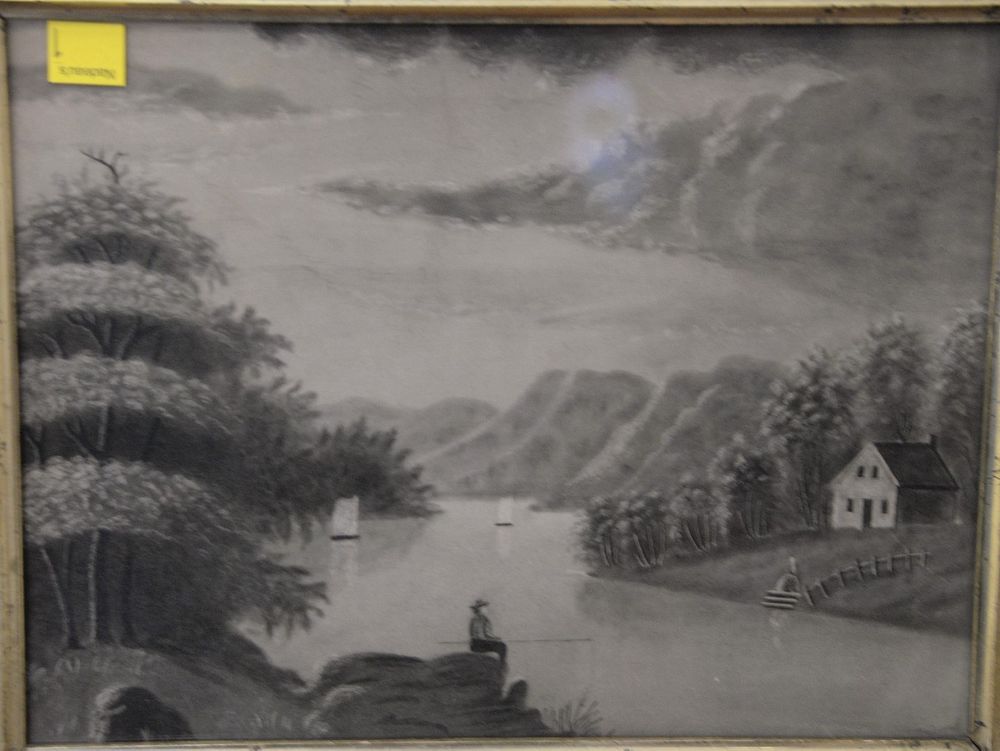 Appraisal: Sandpaper mountainous landscape depicting a man fishing x Sandpaper mountainous