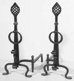 Appraisal: Large Pair Black Andirons twisted flame finials tool rests and