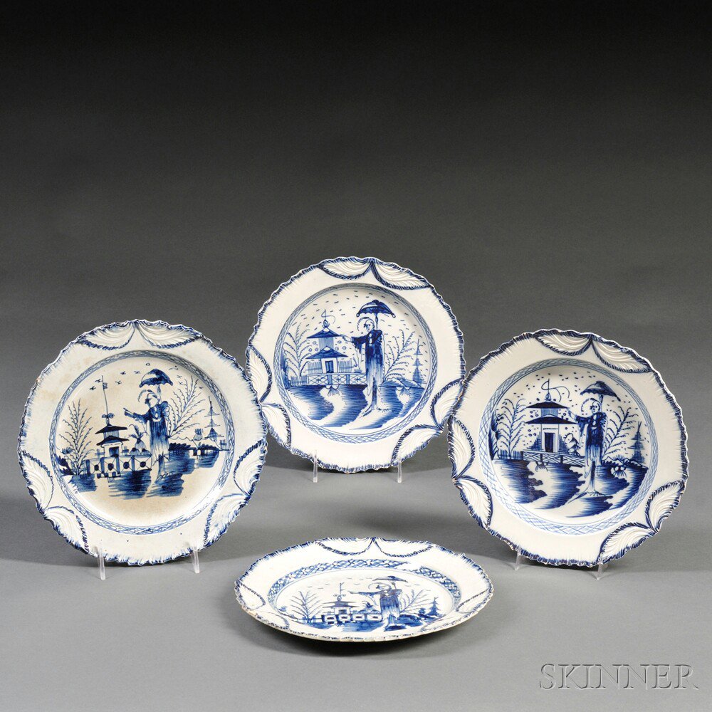 Appraisal: Four Blue Feather-edged Chinoiserie-decorated Pearlware Dinner Plates England last quarter