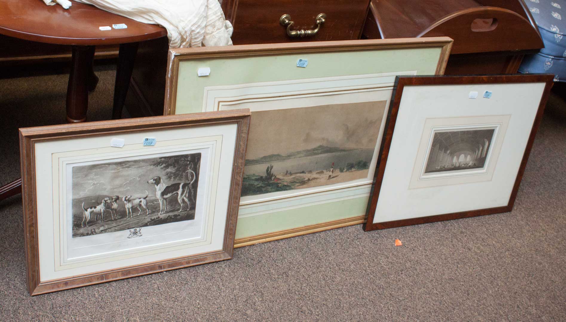 Appraisal: Three framed English prints Hounds by Wooton Military Horse Stable