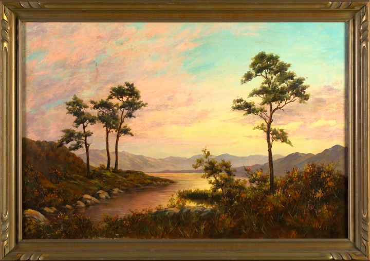 Appraisal: American School Mid- th Century Sunset on the Lake oil