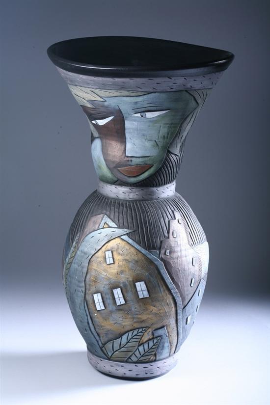 Appraisal: DAVID STABLEY American b Altered Thrown Vase Incised and glazed