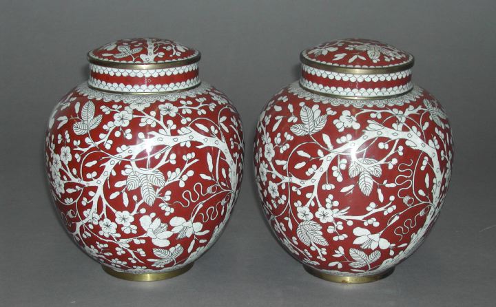 Appraisal: Pair of Kuang-Hsu Cinnabar and White Cloisonne Covered Pyriform Vases