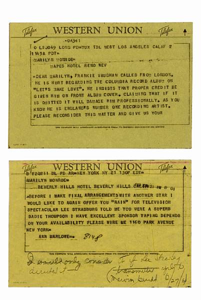 Appraisal: Two Marilyn Monroe Western Union Telefax receipts The first undated