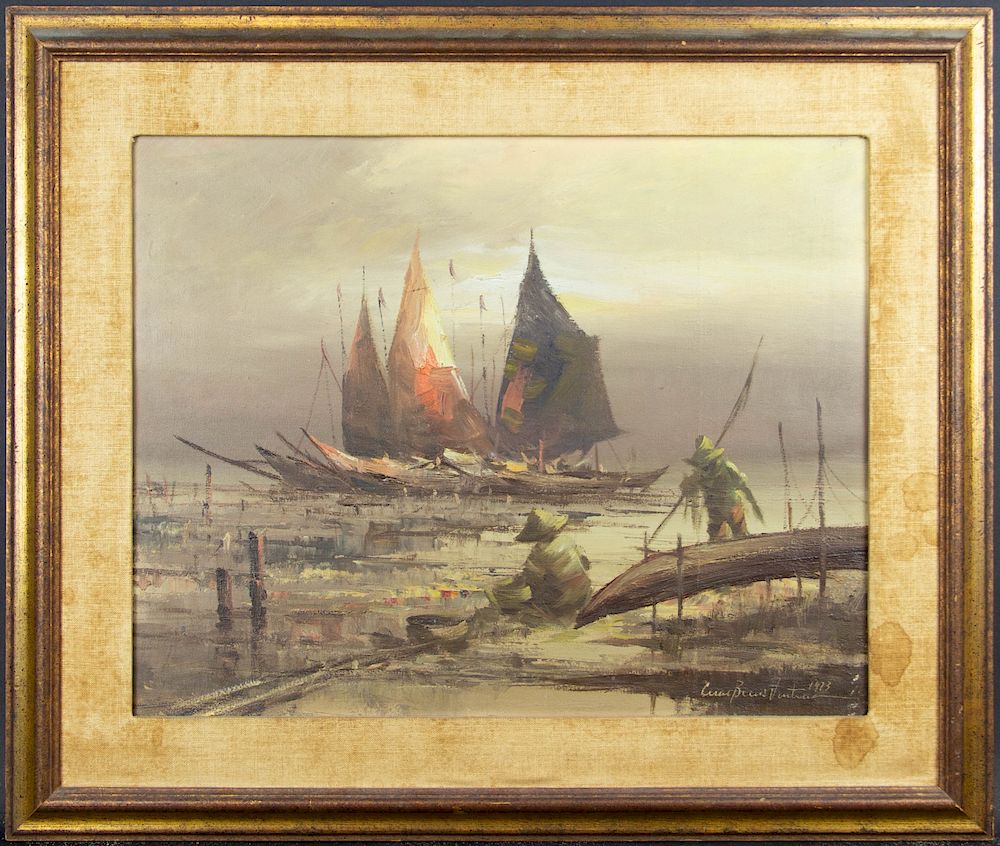 Appraisal: BUENAVENTURA Cesar Phillipines - Oil on Canvas Boats Signed and