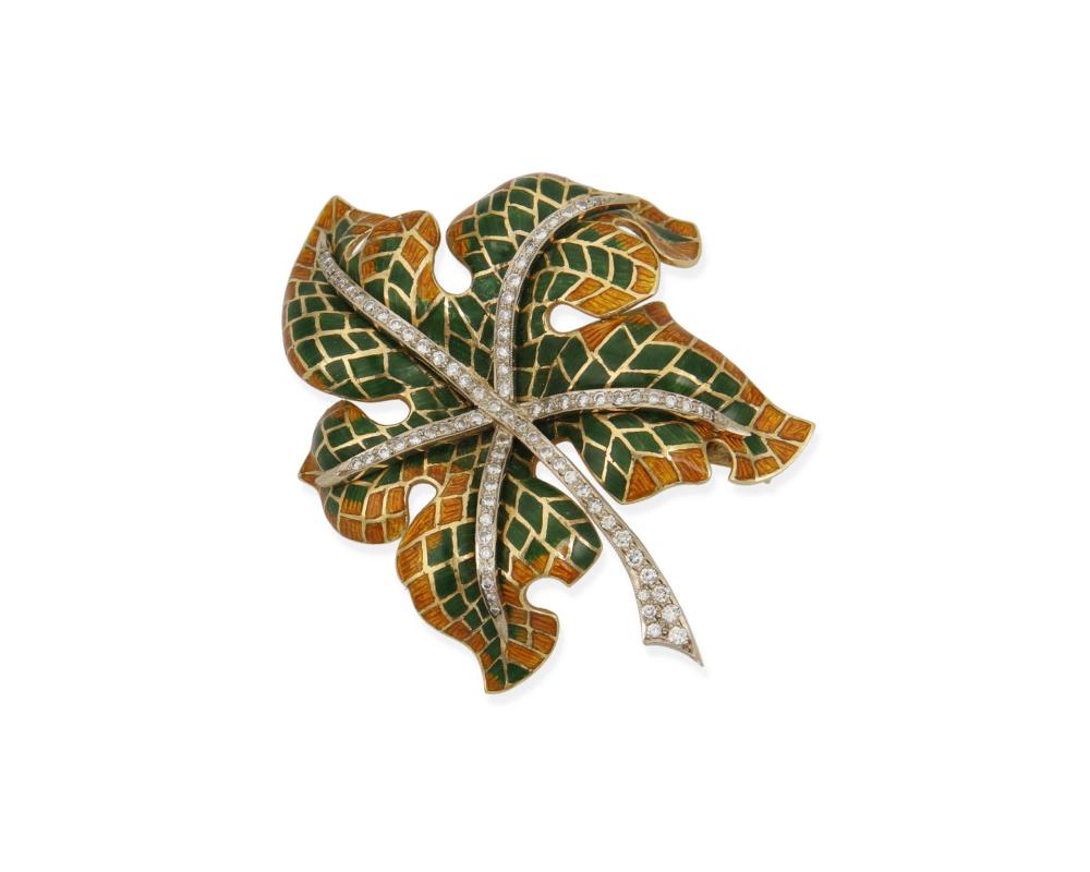 Appraisal: AN ENAMEL AND DIAMOND LEAF BROOCHAn enamel and diamond leaf