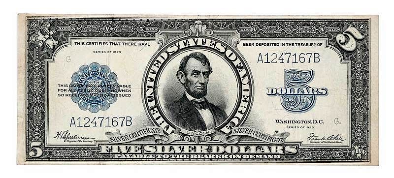 Appraisal: Five Dollar 'Porthole Note' silver certificate series of Abe Lincoln