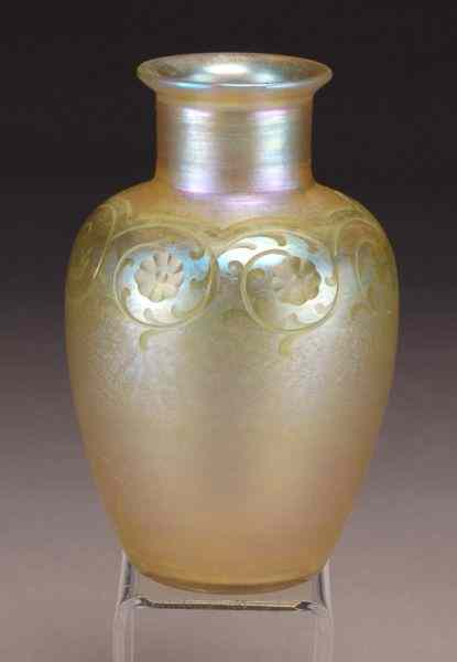 Appraisal: Tiffany intaglio carved gold Favrile glass vase of shouldered form