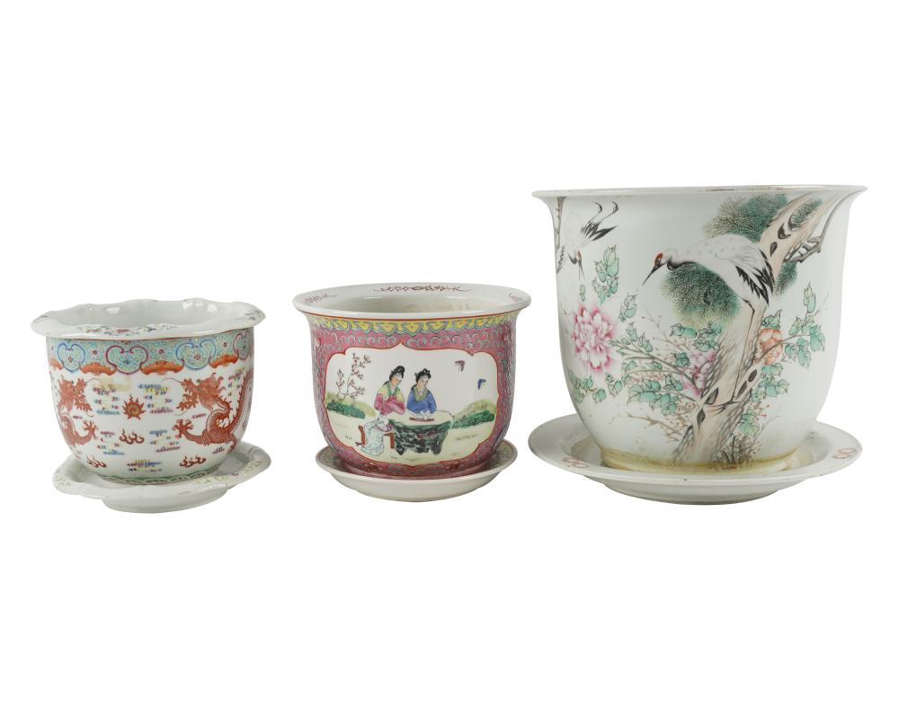 Appraisal: THREE CHINESE PORCELAIN PLANTERS UNDERPLATESeach signed to underside Provenance The