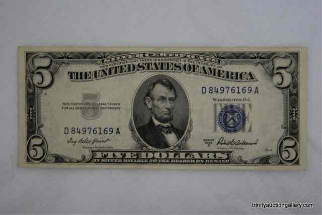 Appraisal: A US Five Dollar Silver Certificate Note Protected in a