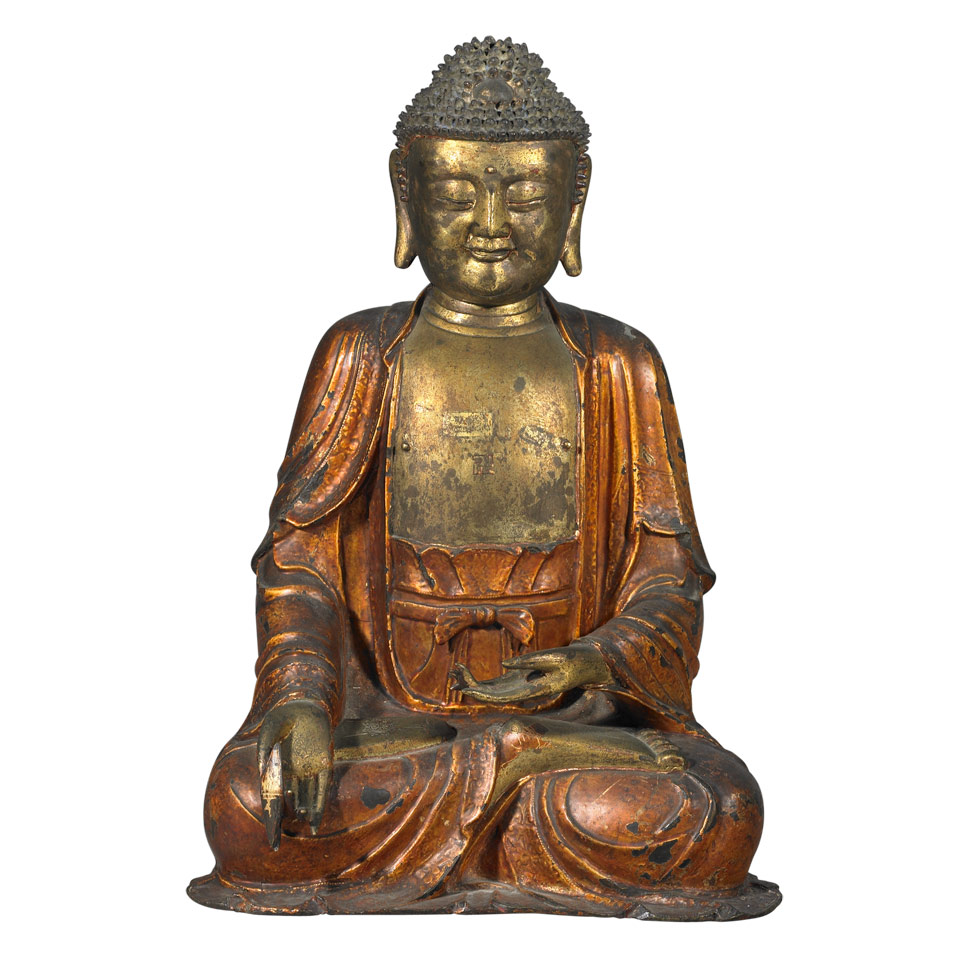 Appraisal: Gilt and Lacquered Bronze Figure of Buddha Akshobya Ming Dynasty