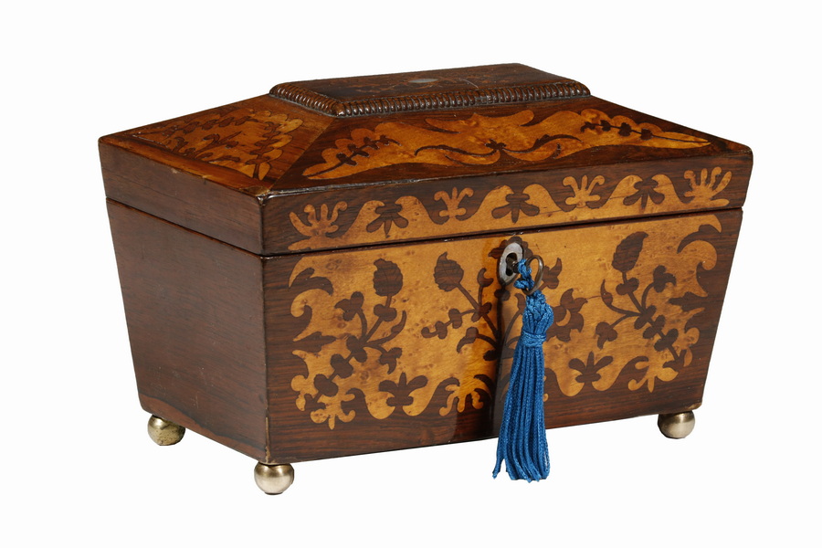 Appraisal: INLAID ROSEWOOD TEA CADDY th c Rosewood Sarcophagus Form Tea