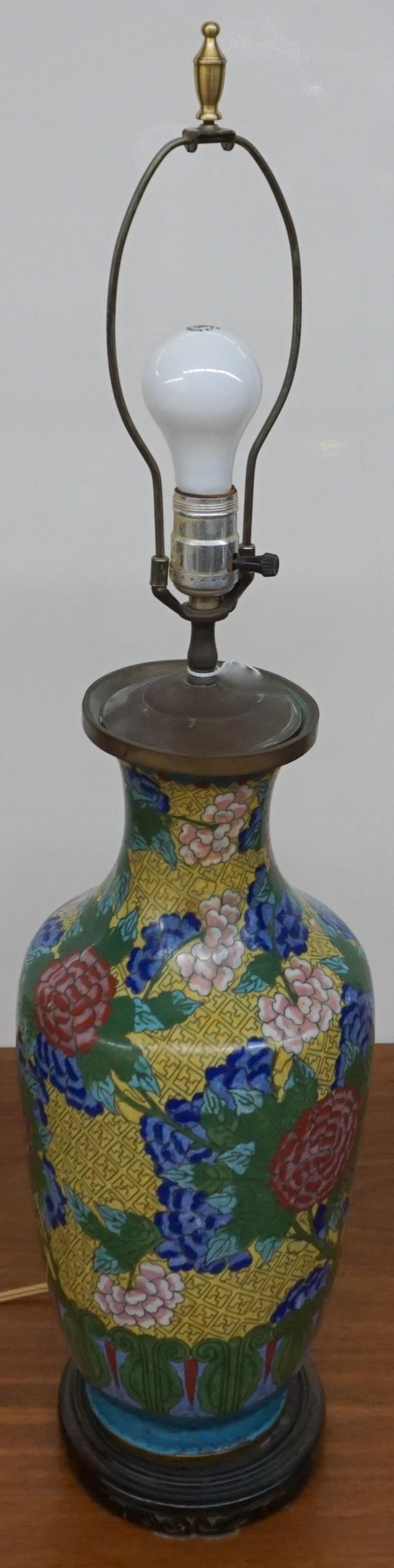 Appraisal: CHINESE CLOISONNE VASE MOUNTED AS LAMP H IN CM Chinese