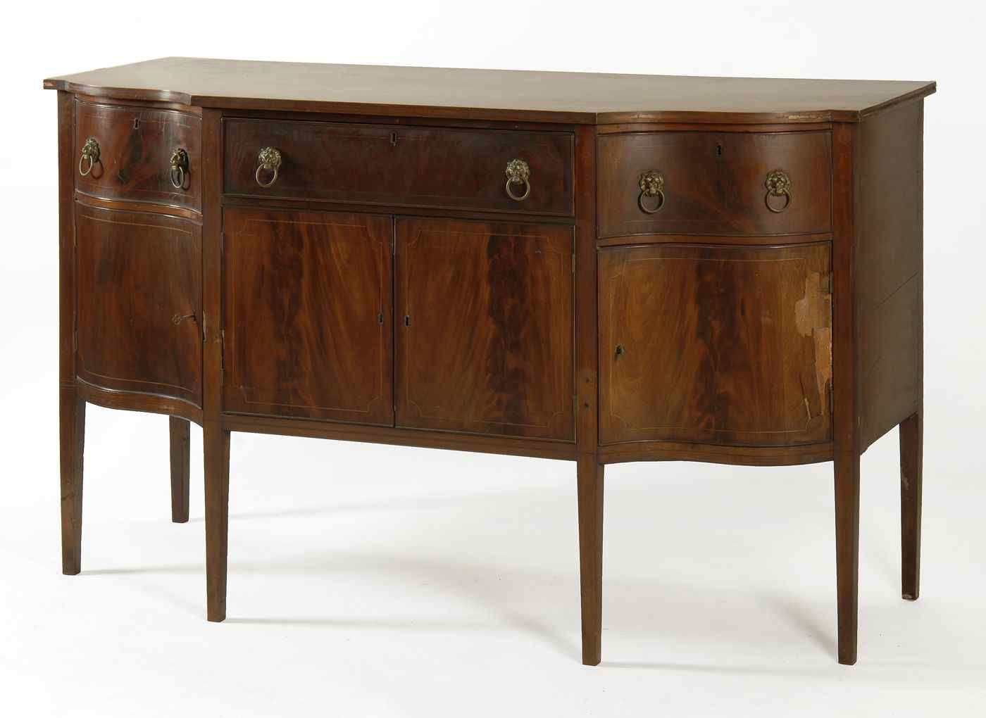 Appraisal: ANTIQUE AMERICAN HEPPLEWHITE SIDEBOARDCirca In mahogany with three drawers above